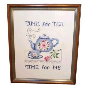 Framed Handcrafted Finished Cross Stitch "Time For Tea -Time For Me" Cottagecore